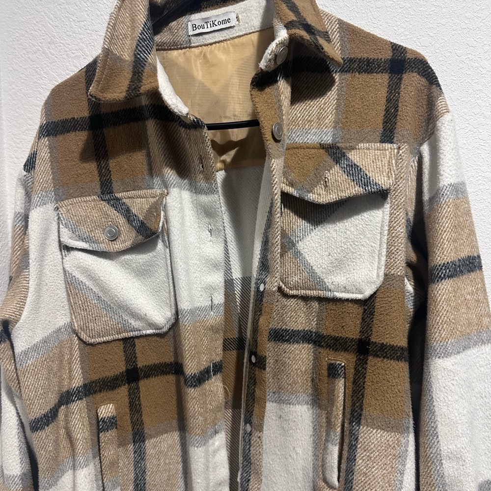 Women's Plaid Utility Jacket - Brown and White
